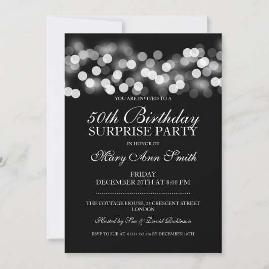 Invitation Surprise 50e anniversaire Silver Hollywood Glam (Devant)