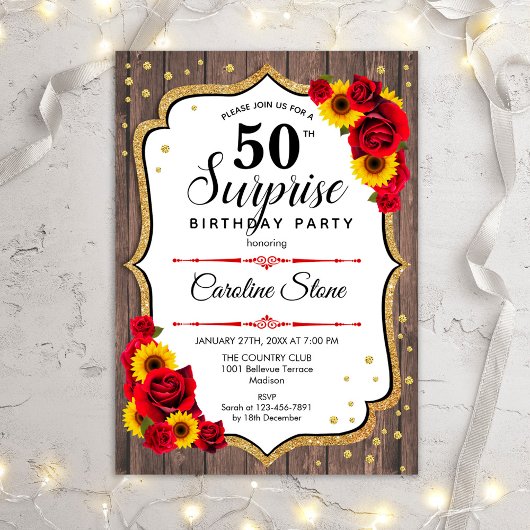 Invitation Surprise 50e anniversaire - Tournesols Bois rustiq