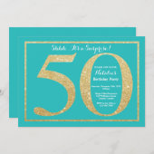 Invitation Surprise 50e anniversaire Turquoise et Parties sci (Devant / Derrière)