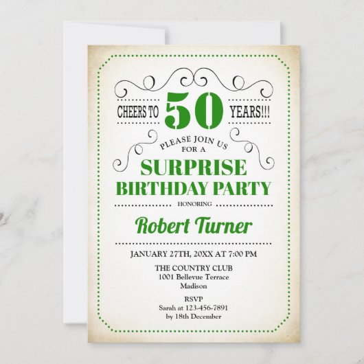 Invitation Surprise 50e anniversaire - Vert Blanc Noir (Devant)