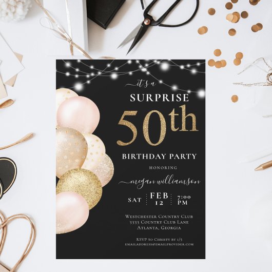 Invitation Surprise 50e Ballons Black Gold Anniversaire
