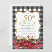 Invitation Surprise 50e Buffalo Plaid Red Flowers Anniversair (Devant)