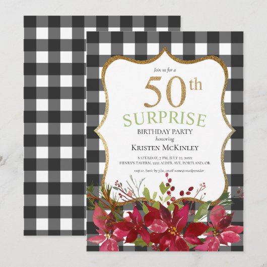 Invitation Surprise 50e Buffalo Plaid Red Flowers Anniversair (Devant / Derrière)