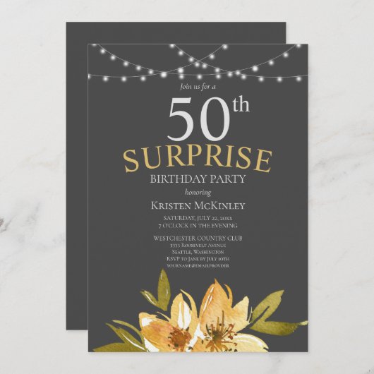 Invitation Surprise 50e fête d'anniversaire fleurie jaune (Devant / Derrière)