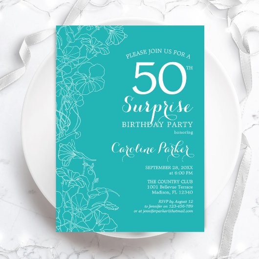 Invitation Surprise 50e fête d'anniversaire - Floral Turquois