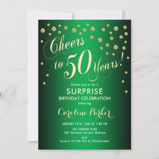 Invitation Surprise 50e fête d'anniversaire - Gold Green (Devant)