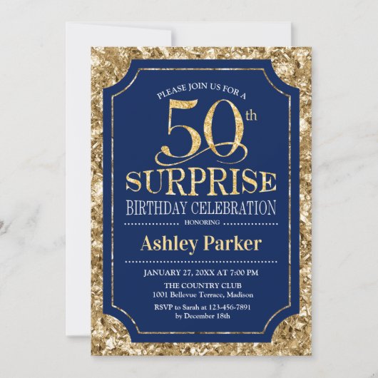 Invitation Surprise 50e fête d'anniversaire - Gold Navy (Devant)