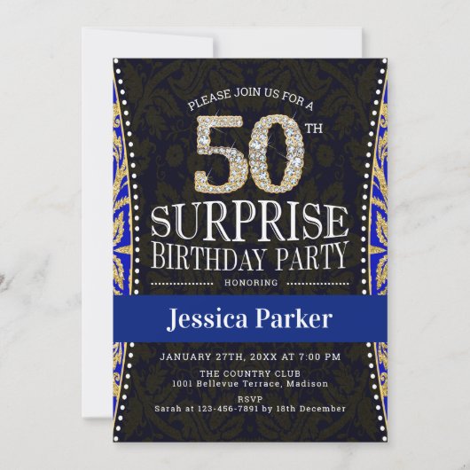 Invitation Surprise 50e fête d'anniversaire - Gold Navy Blue (Devant)