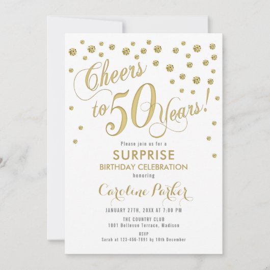 Invitation Surprise 50e fête d'anniversaire - Gold White (Devant)