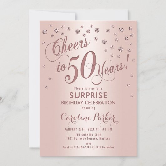 Invitation Surprise 50e fête d'anniversaire - Rose Gold (Devant)