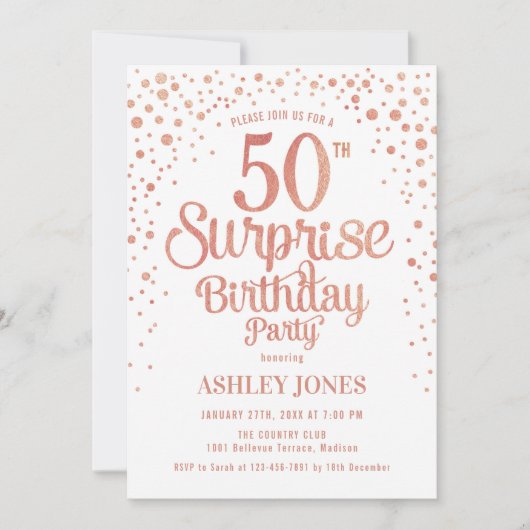 Invitation Surprise 50e fête d'anniversaire - Rose Gold & Whi (Devant)