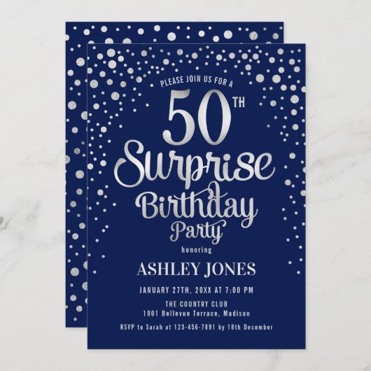 Invitation Surprise 50e fête d'anniversaire - Silver & Navy B (Devant / Derrière)