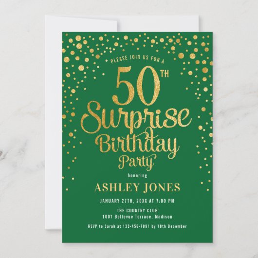 Invitation Surprise 50e fête d'anniversaire - Vert & Or (Devant)