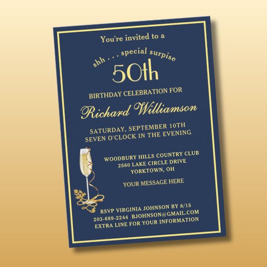 Invitation SURPRISE 50th Birthday Party Elegant Blue Gold 