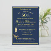 Invitation SURPRISE 50th Birthday Party Elegant Blue Gold  (Debout devant)