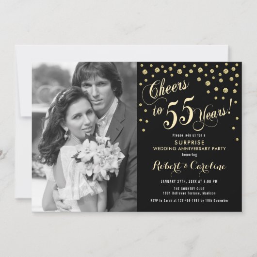 Invitation Surprise 55e anniversaire avec photo - Noir Or (Devant)