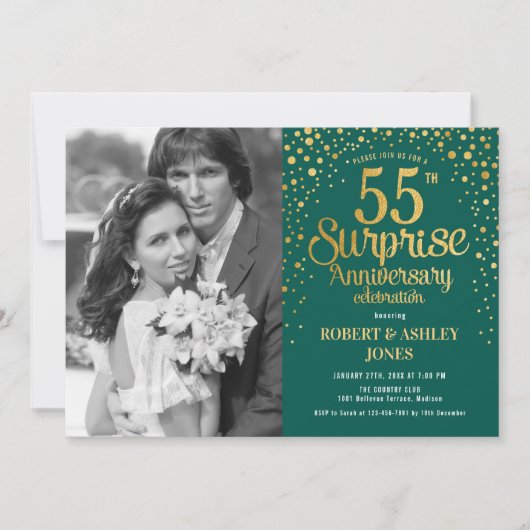 Invitation Surprise 55e Anniversaire avec Photo - Vert Or (Devant)