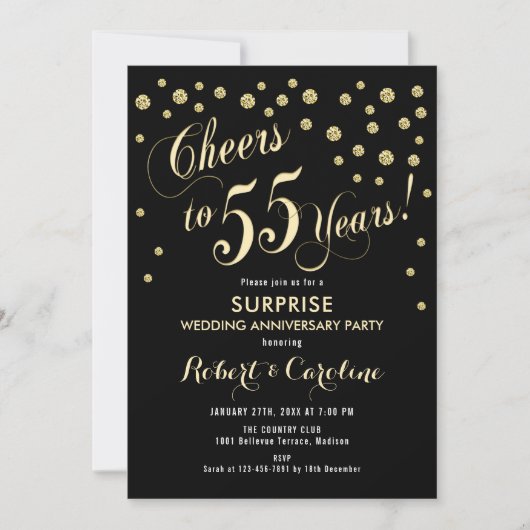 Invitation Surprise 55e anniversaire de mariage - Noir et or (Devant)