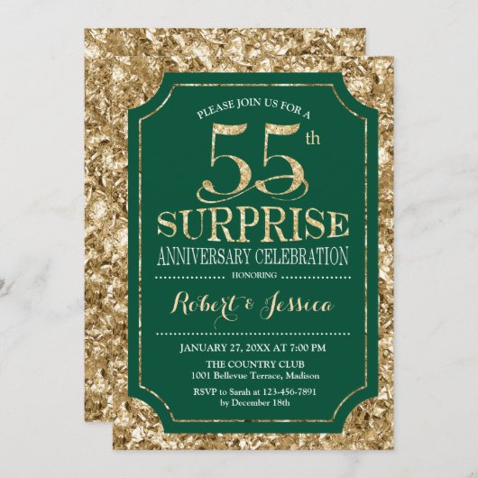 Invitation Surprise 55e anniversaire de mariage - Vert Or (Devant / Derrière)