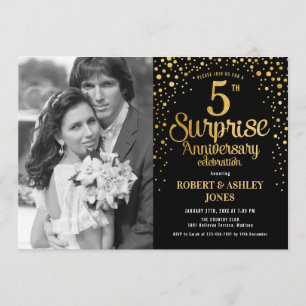 Invitation Surprise 5e anniversaire avec photo - Or noir