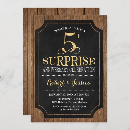 Invitation Surprise 5e anniversaire de mariage - Bois noir or (Devant / Derrière)