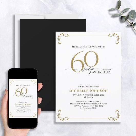 Invitation Surprise 60 & Fabulous Black & Gold Birthday