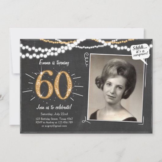 Invitation Surprise 60 Soixante parties scintillant Or Annive (Devant)