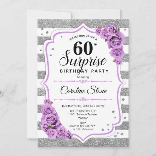 Invitation Surprise 60e anniversaire - Argent blanc violet (Devant)