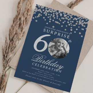 Invitation SURPRISE 60e anniversaire Argent Confetti bleu mar