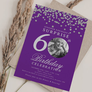 Invitation SURPRISE 60e anniversaire Argent Confetti violet