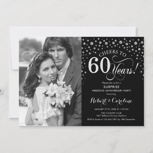 Invitation Surprise 60e anniversaire avec Photo Black Silver (Devant)