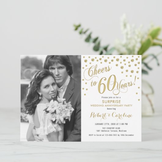 Invitation Surprise 60e anniversaire avec photo - Or Blanc (Debout devant)