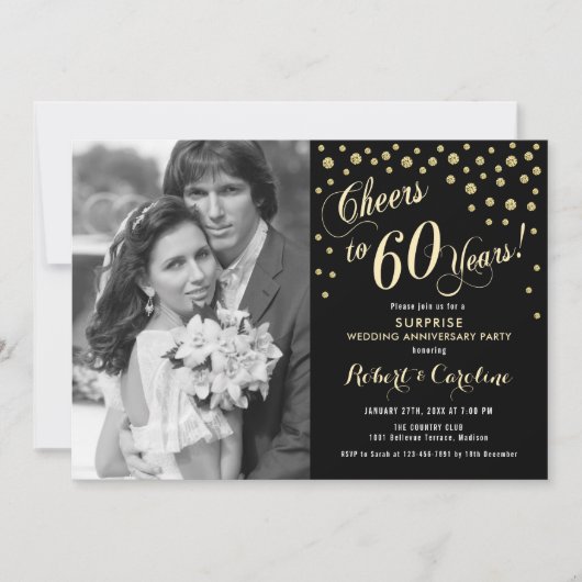 Invitation Surprise 60e anniversaire avec photo - Or Noir (Devant)