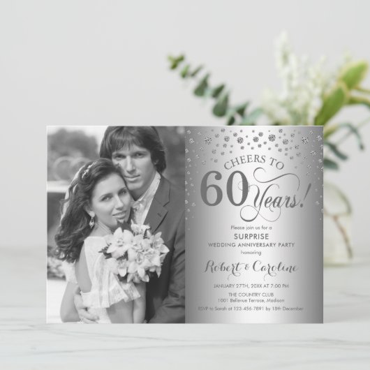 Invitation Surprise 60e anniversaire avec Photo Silver Black (Debout devant)