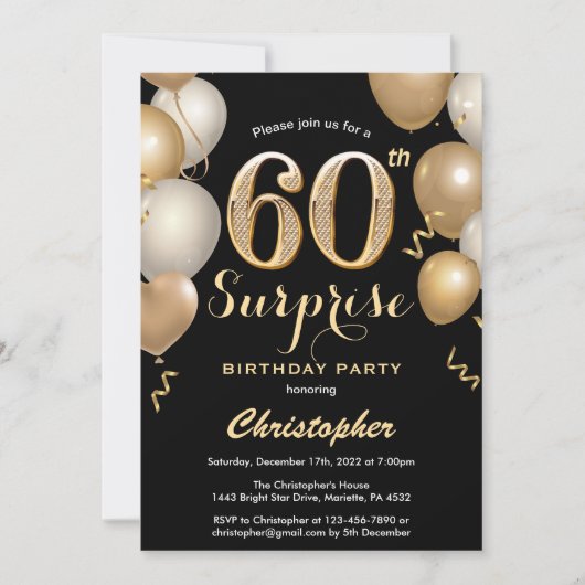 Invitation Surprise 60e anniversaire Ballons noir et or (Devant)