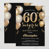 Invitation Surprise 60e anniversaire Ballons noir et or (Devant / Derrière)