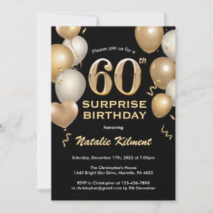 Invitation Surprise 60e anniversaire Ballons noir et or