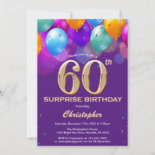 Invitation Surprise 60e anniversaire Ballons violet et or