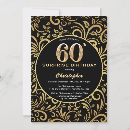 Invitation Surprise 60e anniversaire Black and Gold Floral (Devant)