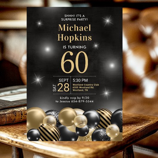 Invitation Surprise 60e anniversaire Black Gold Balloons Part