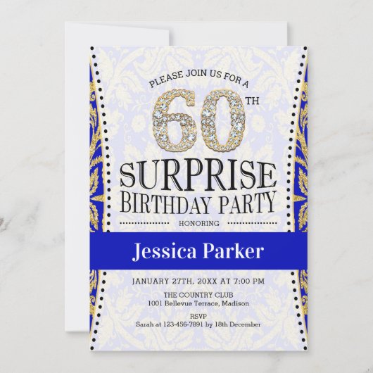 Invitation Surprise 60e anniversaire - Blanc Gold Royal Blue (Devant)