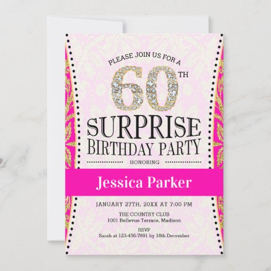 Invitation Surprise 60e anniversaire - Blanc Or rose (Devant)