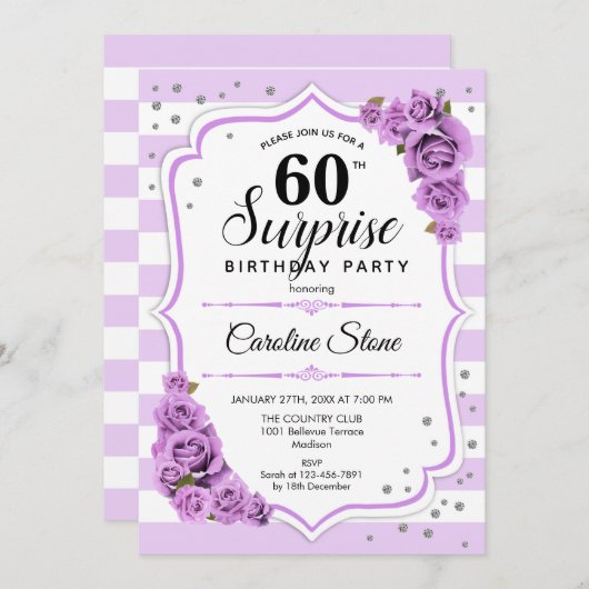 Invitation Surprise 60e anniversaire - Blanc pourpre (Devant / Derrière)