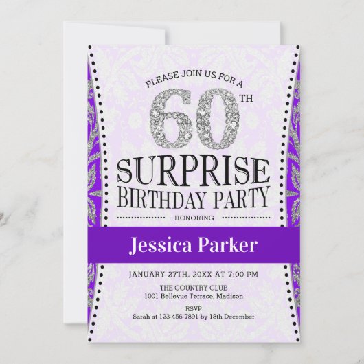Invitation Surprise 60e anniversaire - Blanc Silver violet (Devant)