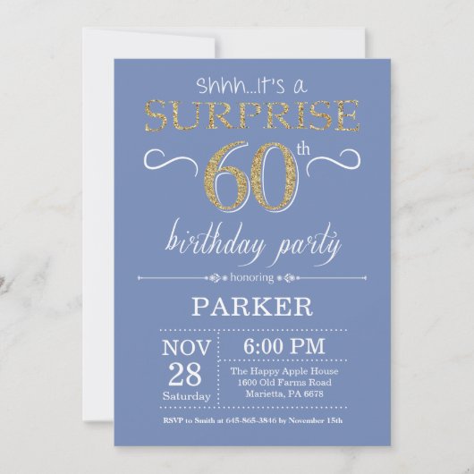 Invitation surprise 60e anniversaire Bleu et or (Devant)
