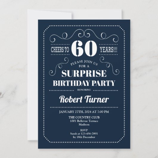 Invitation Surprise 60e anniversaire - bleu marine (Devant)