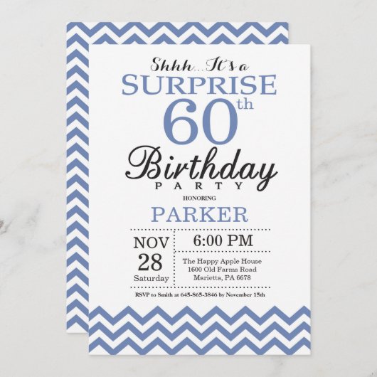 Invitation Surprise 60e anniversaire Blue Chevron (Devant / Derrière)
