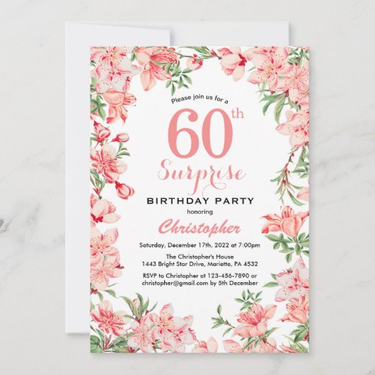 Invitation Surprise 60e anniversaire Boho rose botanique flor (Devant)