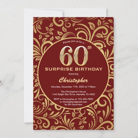 Invitation Surprise 60e anniversaire Bourgogne Rouge & Or Flo (Devant)