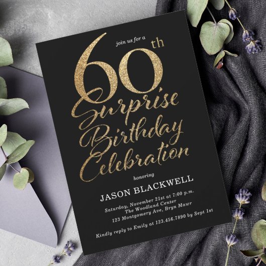 Invitation Surprise 60e anniversaire Célébration Black & Gold